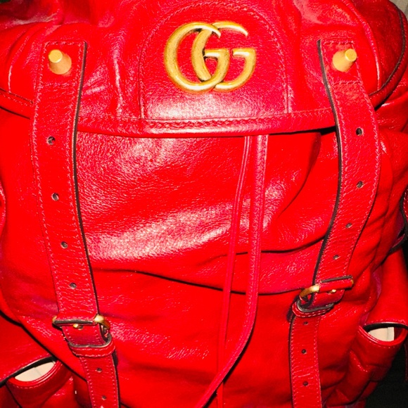 GUCCI 526908 GG Marmont Liber Taiga Cat Head Backpack Leather Red main image 5